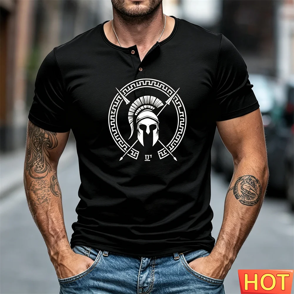 Summer Men's button up T-shirt casual loose Spartan helmet pattern Men's Henry T-shirt breathable Sports Henry shirt T-shirt top