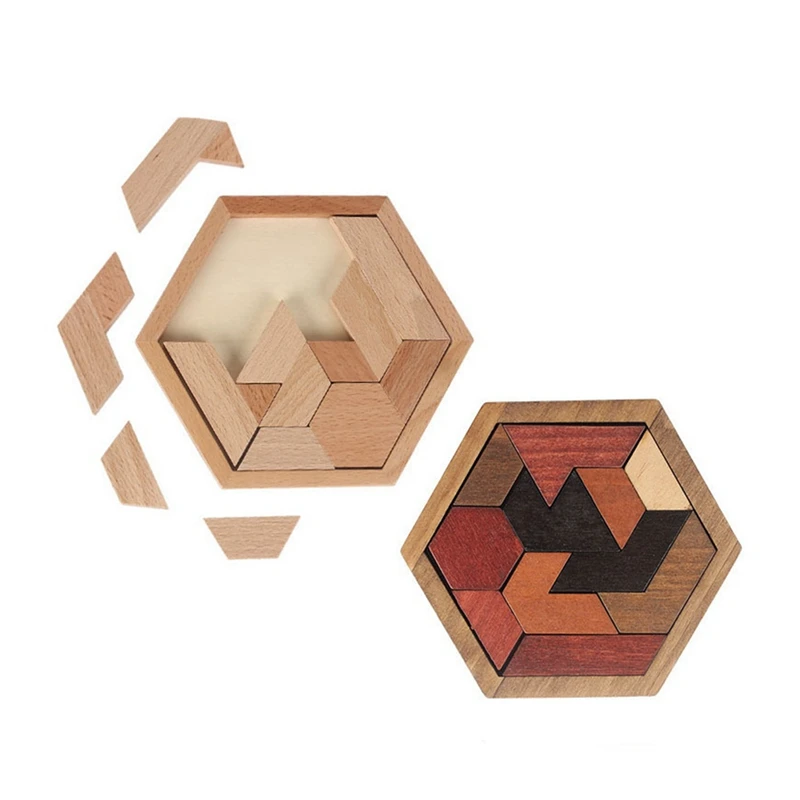 Placa de quebra-cabeça de madeira das crianças em forma hexagonal xadrez quebra-cabeça 11 blocos de construção hexagonal brinquedos educativos