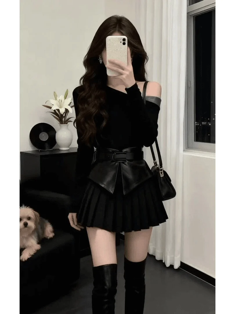 

Женский комплект из двух предметов: топ с открытыми плечами и длинными рукавами, уникальный поясной акцент, зимний модный корейский стиль