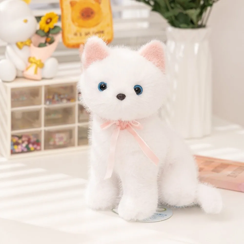 

Delicate Fluffy Simulated Cat Plushie Ribbon Bow Lifelike Kitten Sitting Pose Soft Cat