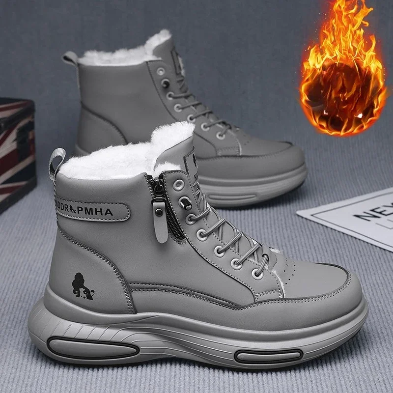 Outdoor Non-slip Sneakers for Man Motocycle Snows Boots Botas Winter Mens Warm Ankle Boots Fashion Versatile Black Leather Shoes