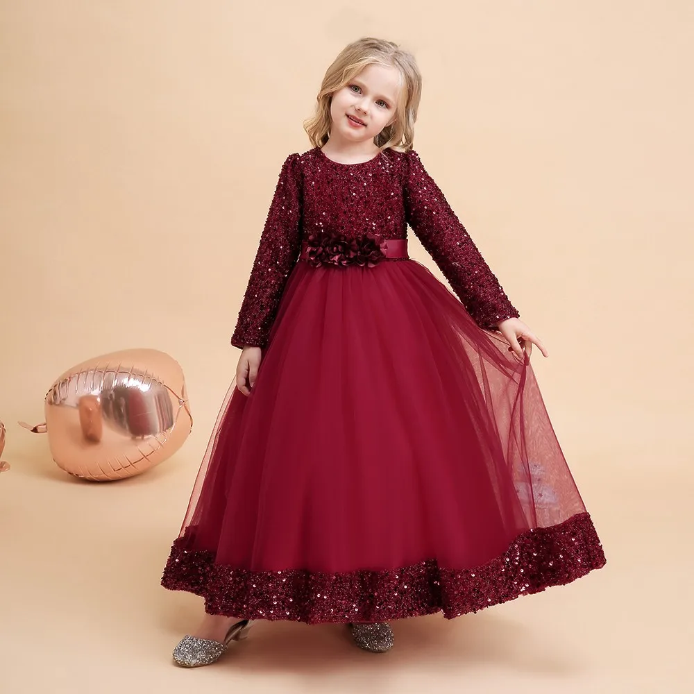 

Autumn Girls Color Blocked Fluffy Princess Dress Elegant Long Sleeve Sequin Dress Fashion Kids Girl Birthday Party Ball Gown