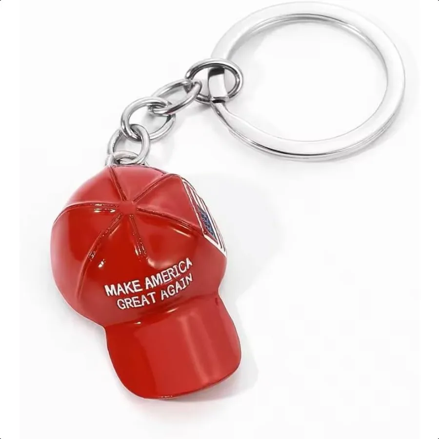 مجموعة من 3 سلاسل مفاتيح معدنية على شكل قبعة MAGA حمراء مع سلسلة مفاتيح وطنية بعلم الولايات المتحدة الأمريكية للرجال والنساء