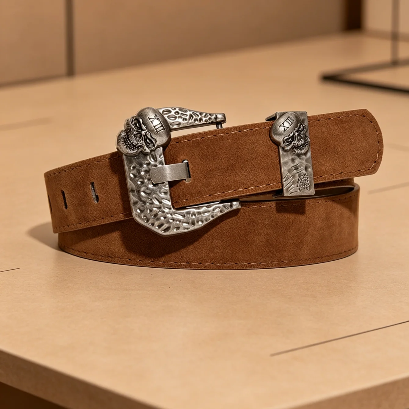 1pc unisex Western-style black and brown belt, with a printed square buckle strap decoration, suitable for casual outing