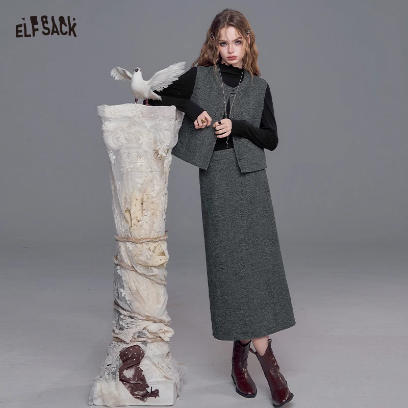 

ELFSACK 2025 Autumn New Arrivals Casual Grey Tweed Vest Skirt 3 Piece Suit Set For Woman