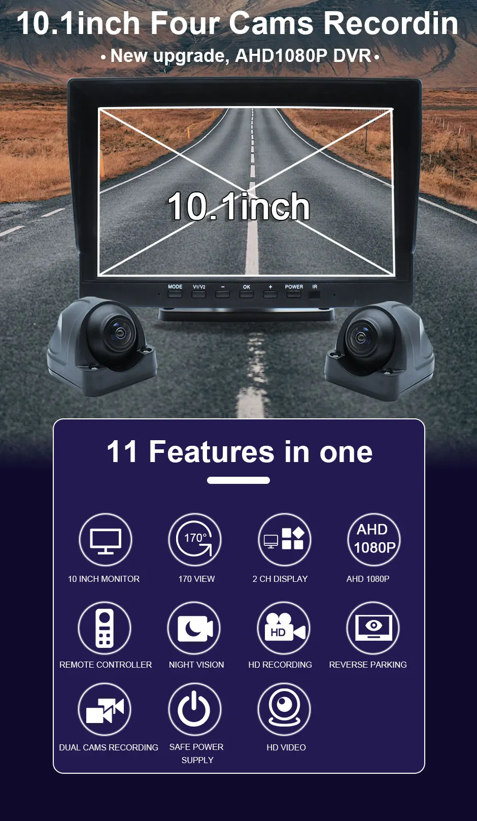 2CH HD 1920x1080P 10.1 Inch IPS Screen Vehicle DVR Recorder Car Monitor With 2 Channels Front Rear Side AHD Camera Truck Bus