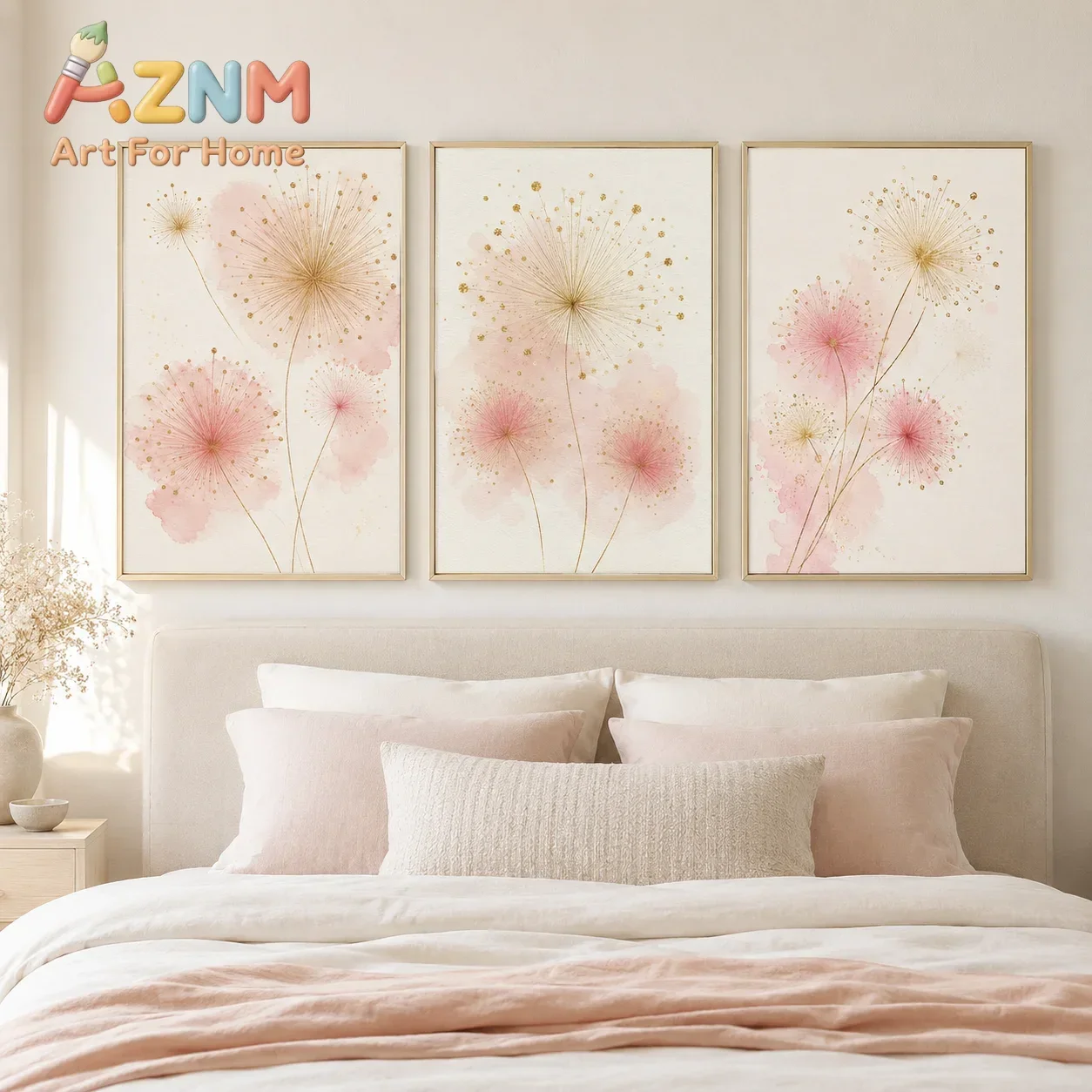 Nordic Dandelion Wall Art Pink Gold Floral Canvas Painting Botanical Poster Print Living Room Wall Decor
