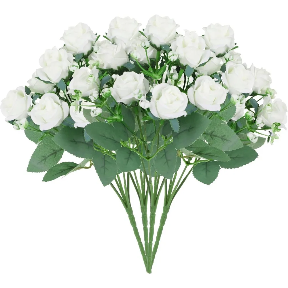 4 Bunches White Rose Real Touch Fake Mini Silk Roses Bouquet for Diy Wedding Indoor Outdoor Home Garden Office Party Decor