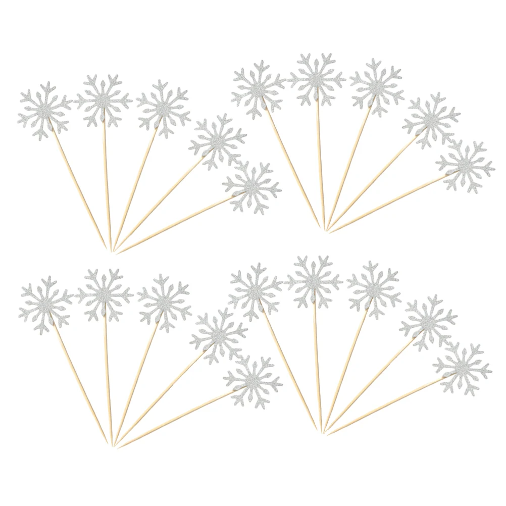 

20pcs Snowflake Cake Toppers Delicate Glitter Wooden Picks Party Dessert Decorations Christmas Themes Cake Supplies