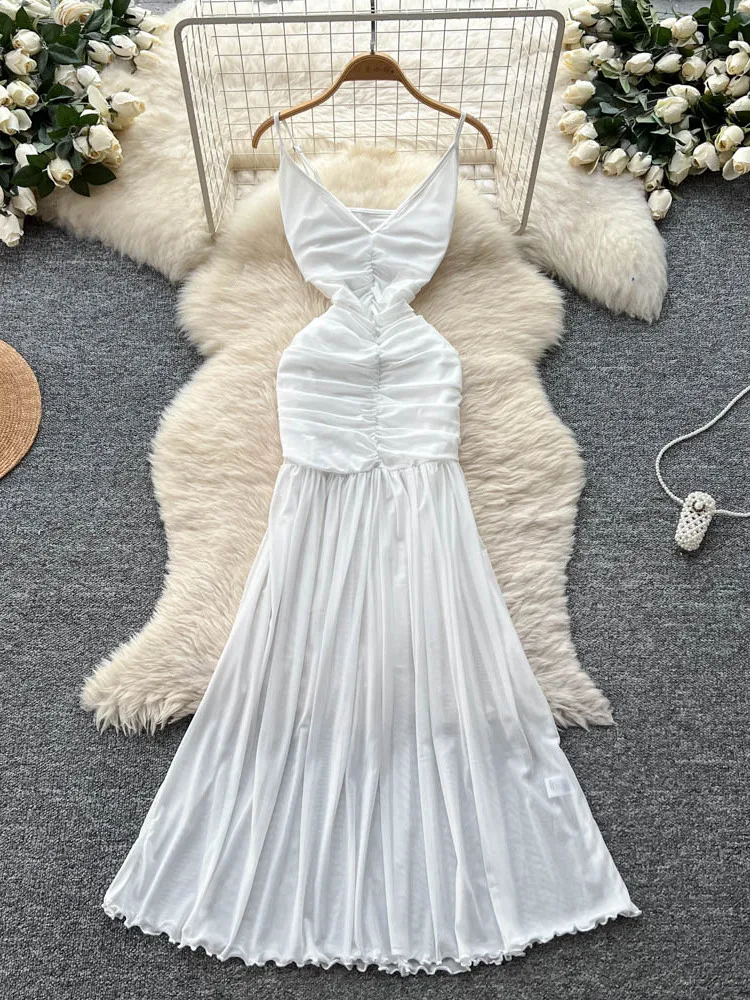 Vestido Longo Sexy de Verão para Mulheres, Saia em A de Cintura Alta com Camada de Tule, Vestido Sem Alças Estilo Coreano de ...