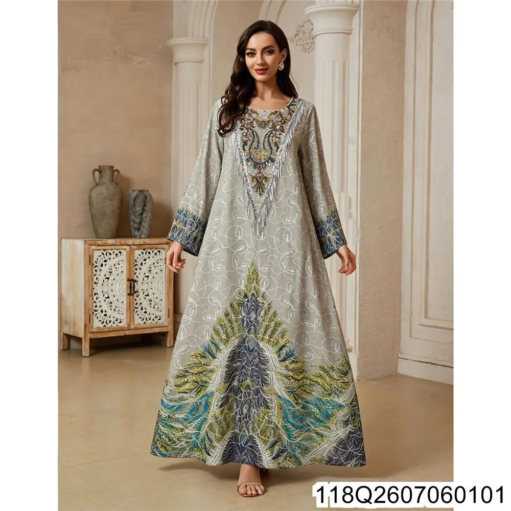 2026 New Digital Printed Long Robe, Women's V-neck X Chest Embroidered Dress, Fashionable and Elegant, Ethnic Style 118Q26070601