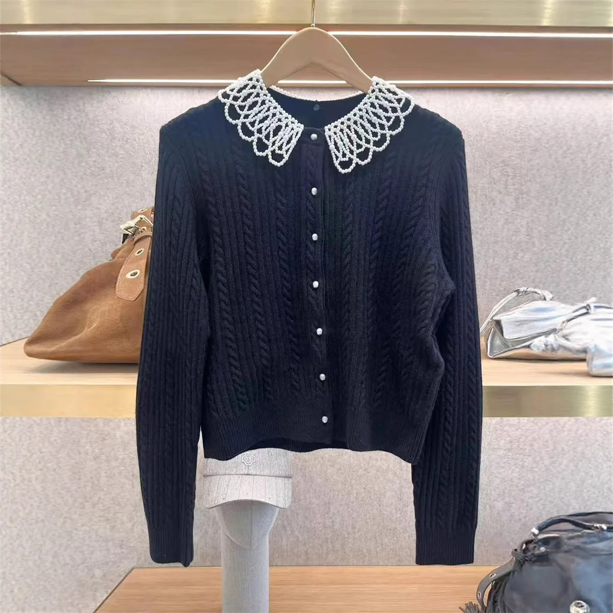 

【Gift Free】 2025 Fall Winter New Pearl-Trim Lace Collar Black Cable Knit Cardigan Sweater Jacket