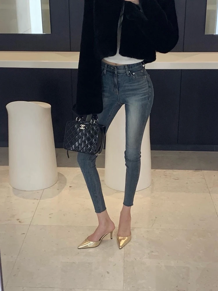 

Spring New Faion Classic Waed Blue Slimming Versatile Women's Pencil Jeans High Waist Cotton Stretch Denim Anti-Wrinkle