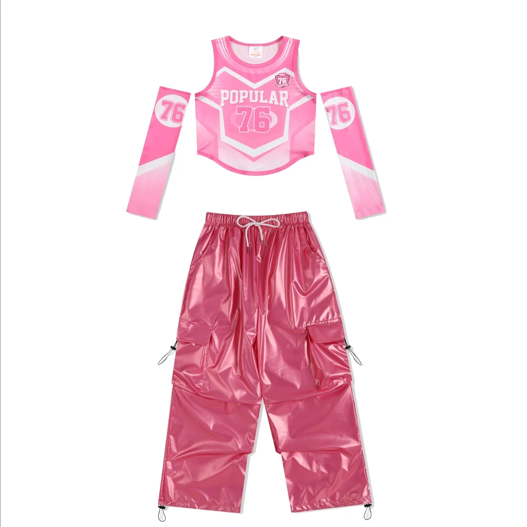 2024 Hip Hop Street Dance Clothing For Girls Pink Loose Outfits Cheerleading Jazz Dance Performance Stage Costumes Boys DQS16363