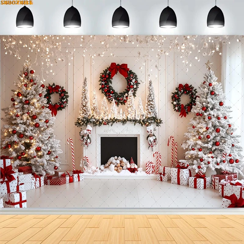 

Christmas Day Wreath Family New Year Party Photography Backdrops Prop Window Living Room Xmas Tree Gift Snow Background WD-21