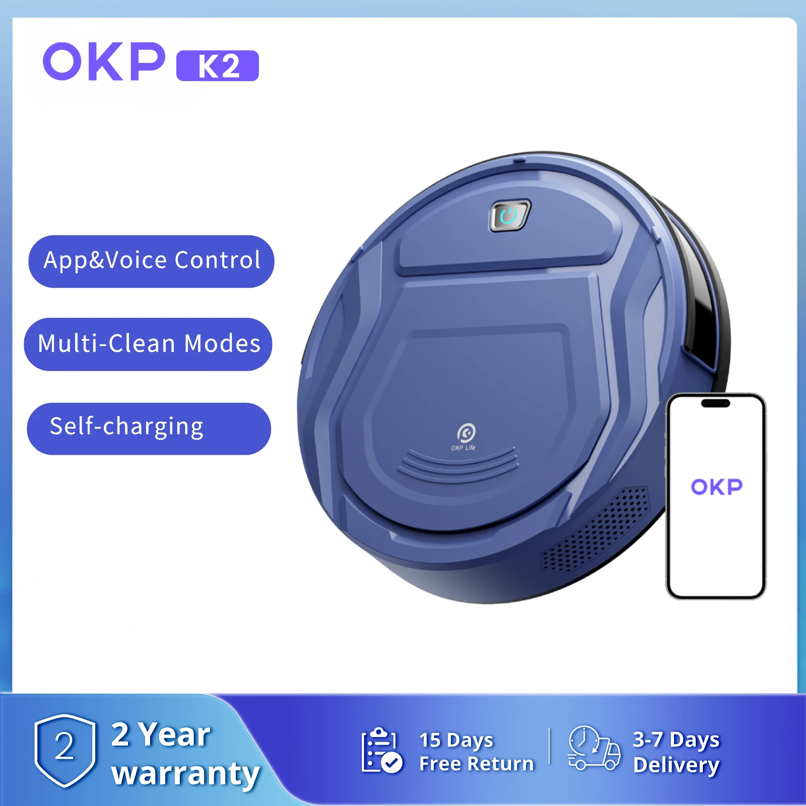 Aspirador de pó robô OKP K2 com sucção de 2000Pa, controle de assistente de APP/Google, ideal para pêlos de animais de estimação, carpetes e pisos duros