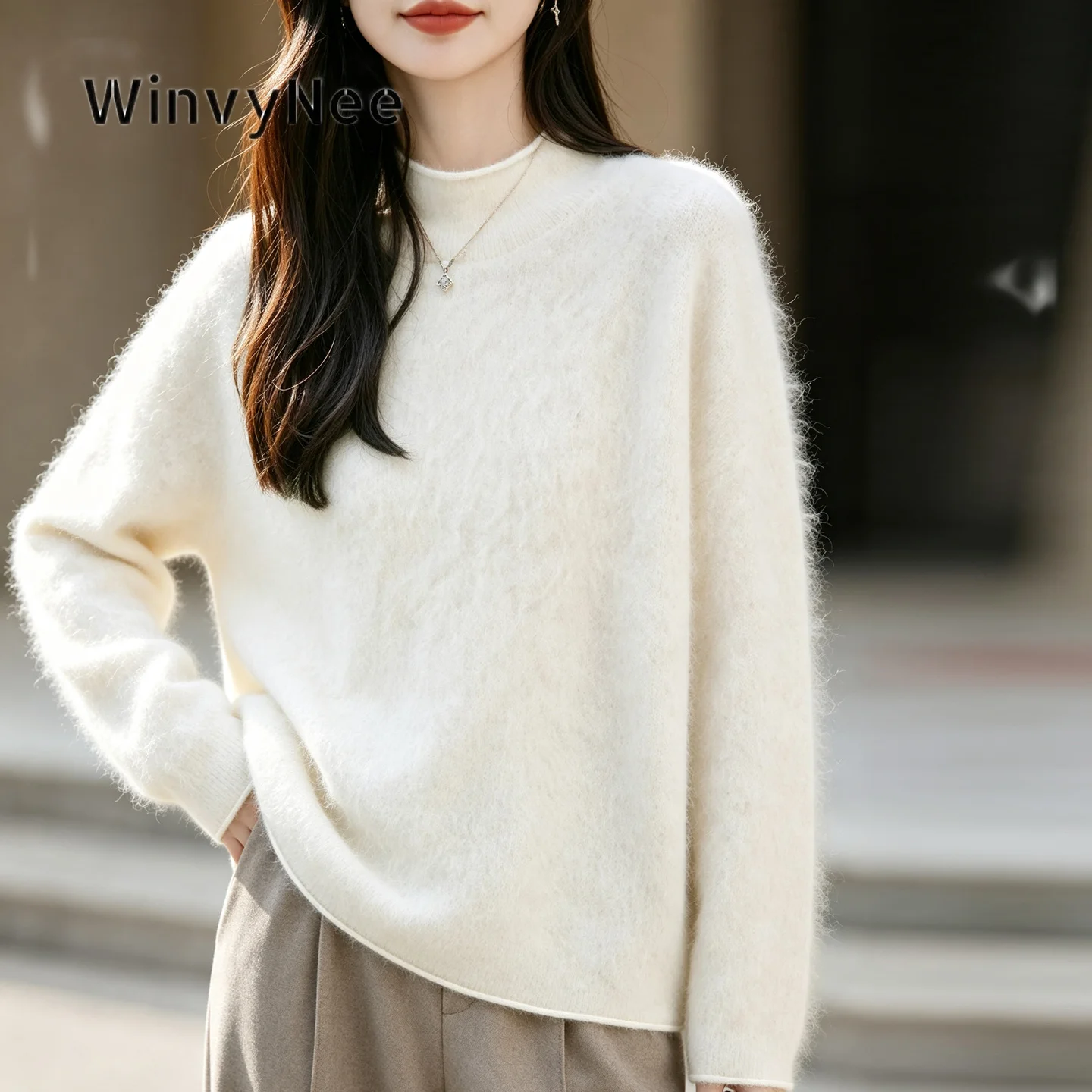 WinvyNee Women Soft Plush Relaxed Cashmere Round Neck Long Sleeve Jumper Brushed Fabric Autumn Winter Premium Cozy Wear A1743022