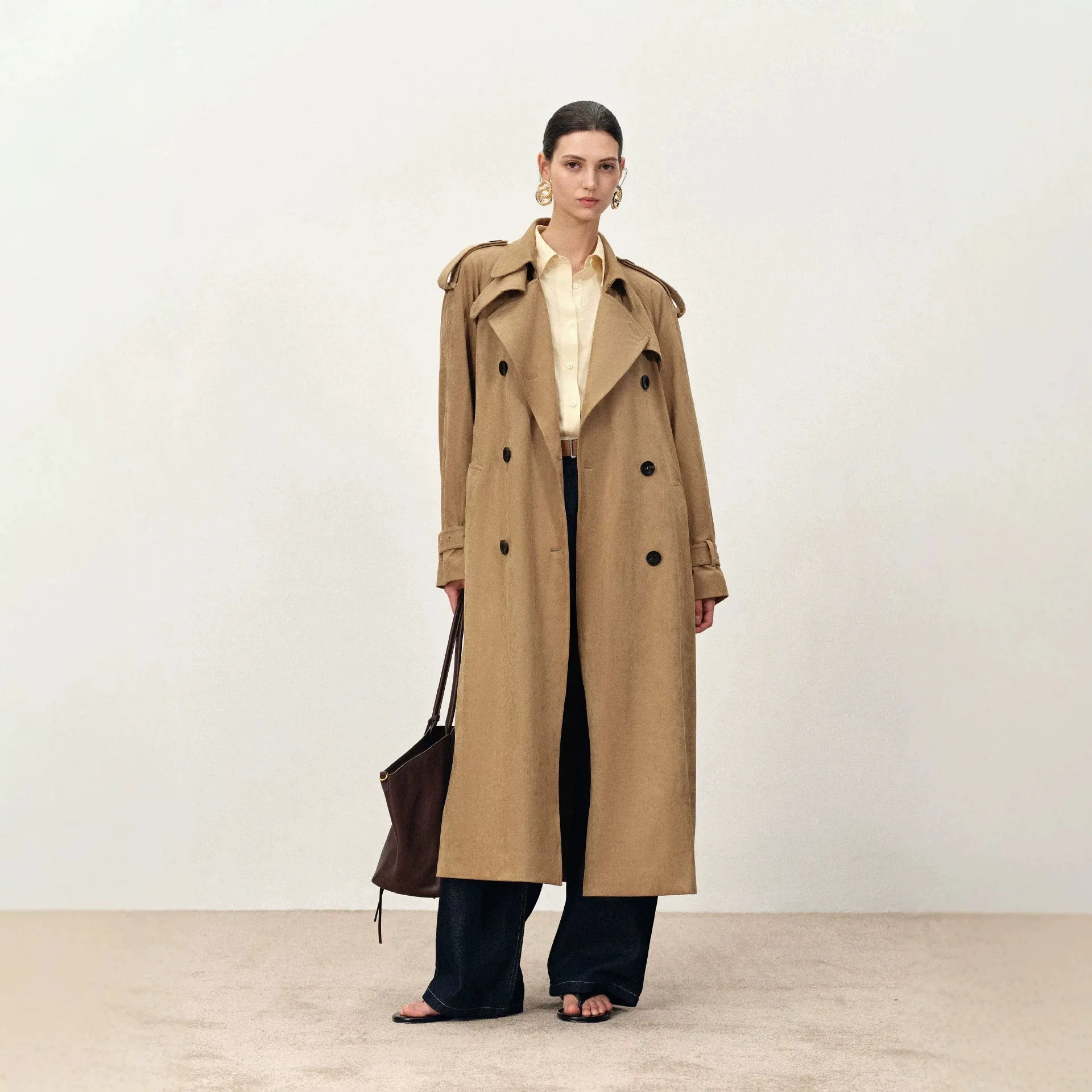 Europe, America, Popular Khaki Imitation Suede Trench Coat Women's Long Double-breasted Epaulets Loose Silhouette Retro Coat