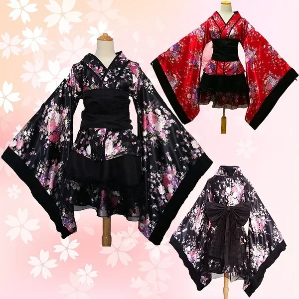 Japanese Kimono Plus Size S-XXXL Japanese Anime Cosplay Lolita Flower Print Halloween Dress For Women Girls