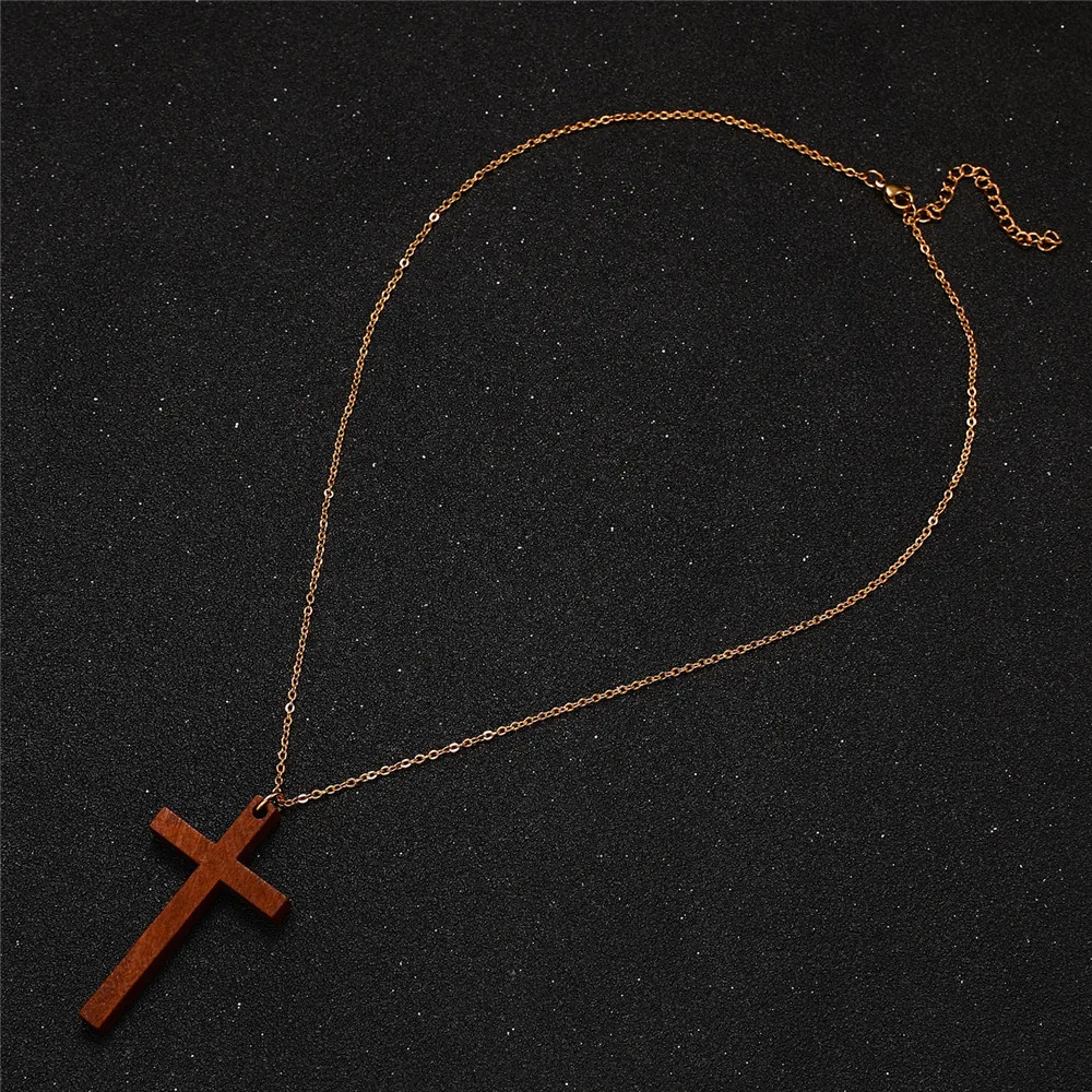 MisenBaBa Vintage Stainless Steel Wooden Cross Pendant Necklace for Women Fashion Wood Necklaces Religious Catholic Jewelry