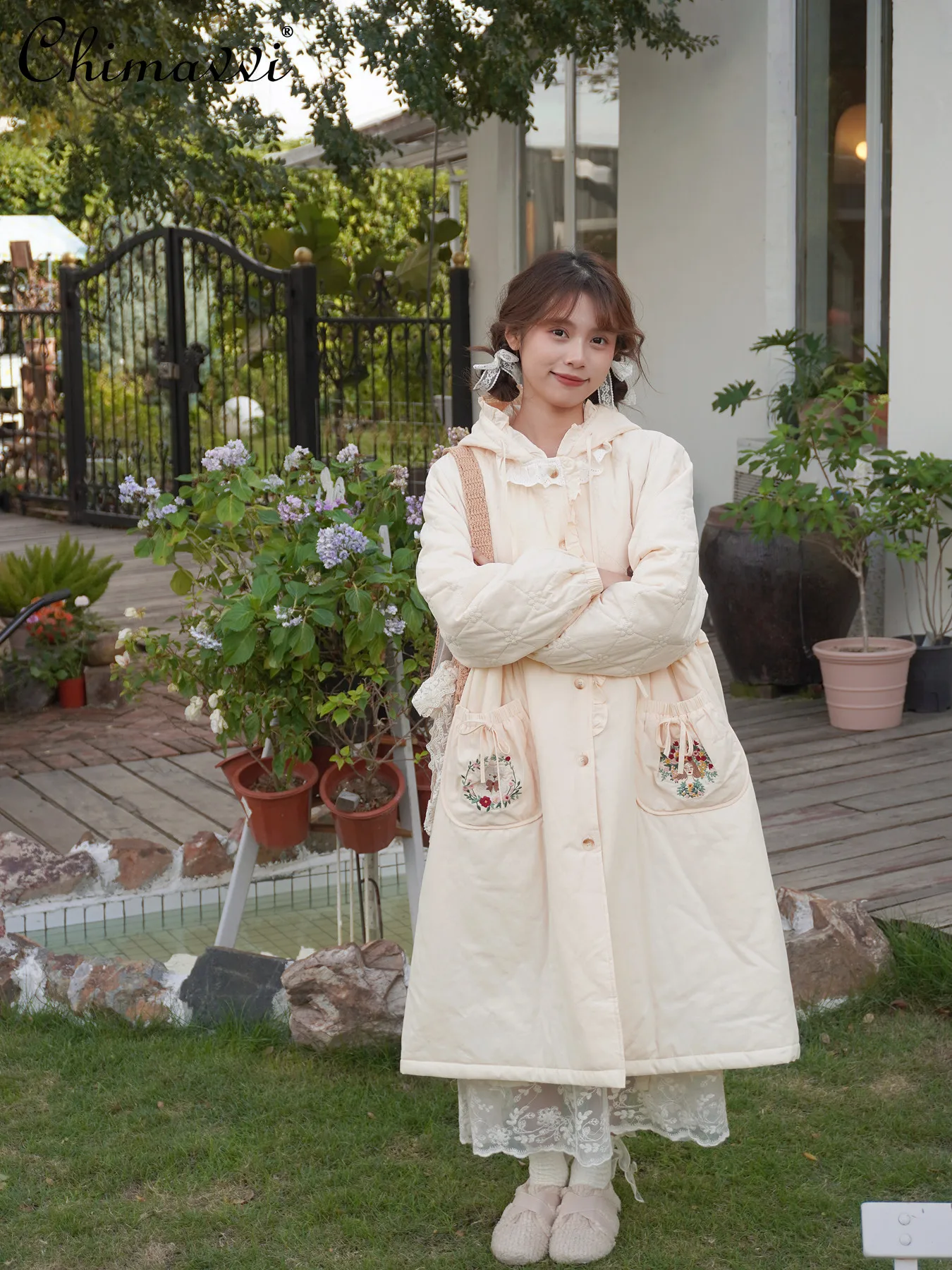 

Sweet Girl Butterfly Lace Ruffled Mid-Length Hooded Warm Winter Coat Fashion Retro Long Sleeve Loose Embroidered Cotton Jacket