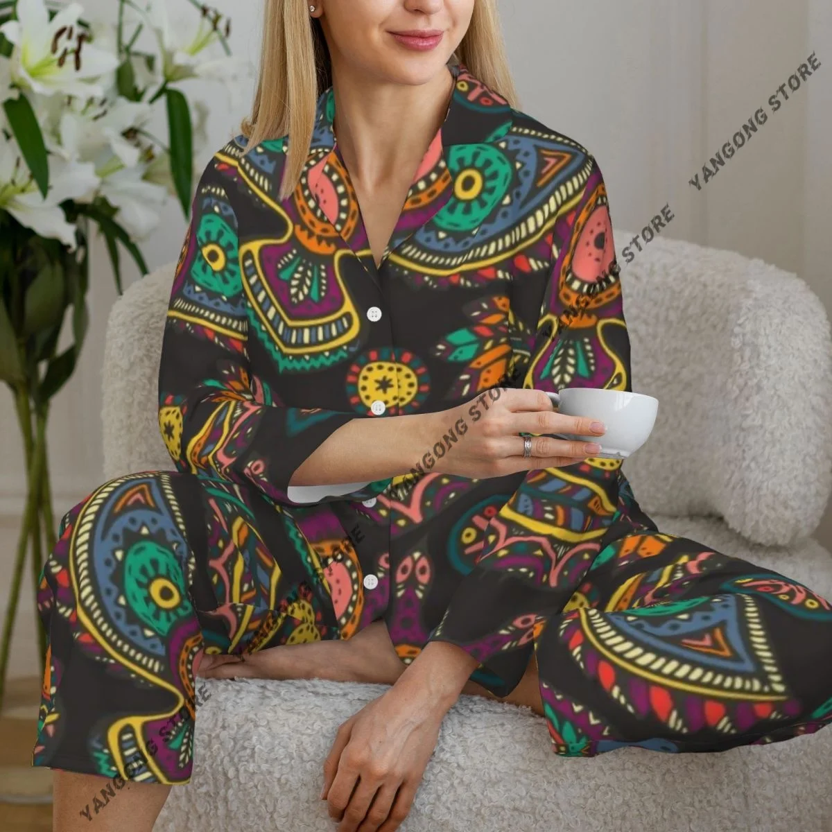 

Women Sleepwear Loungewear Colorful Ethnic Bird Pattern Long Sleeve Lapel Neck Shirt and Elastic Waist Pants Pajamas Set