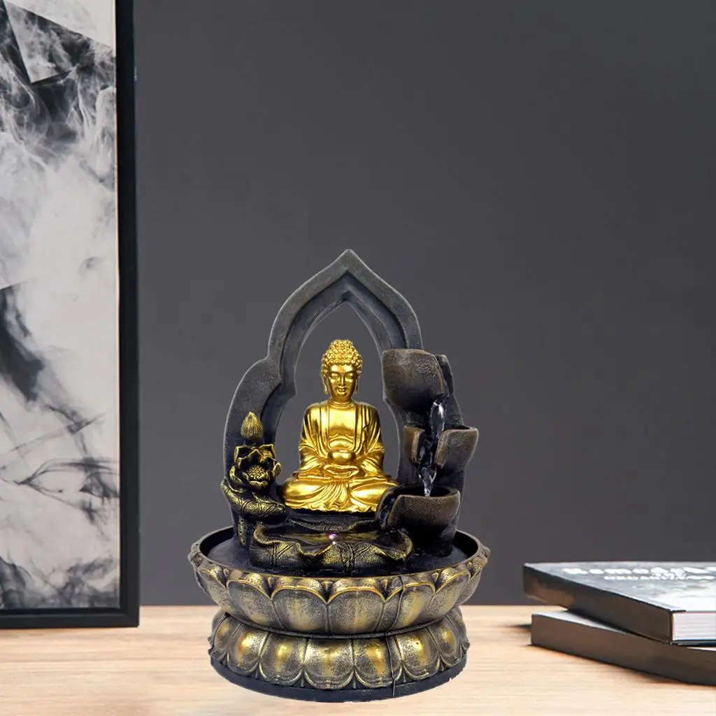 

PLugResin Water Waterfall Led Lights Fountain Buddha Resin Statue Lucky Feng Shui Ornament Landscape Home Decorations EU Plug