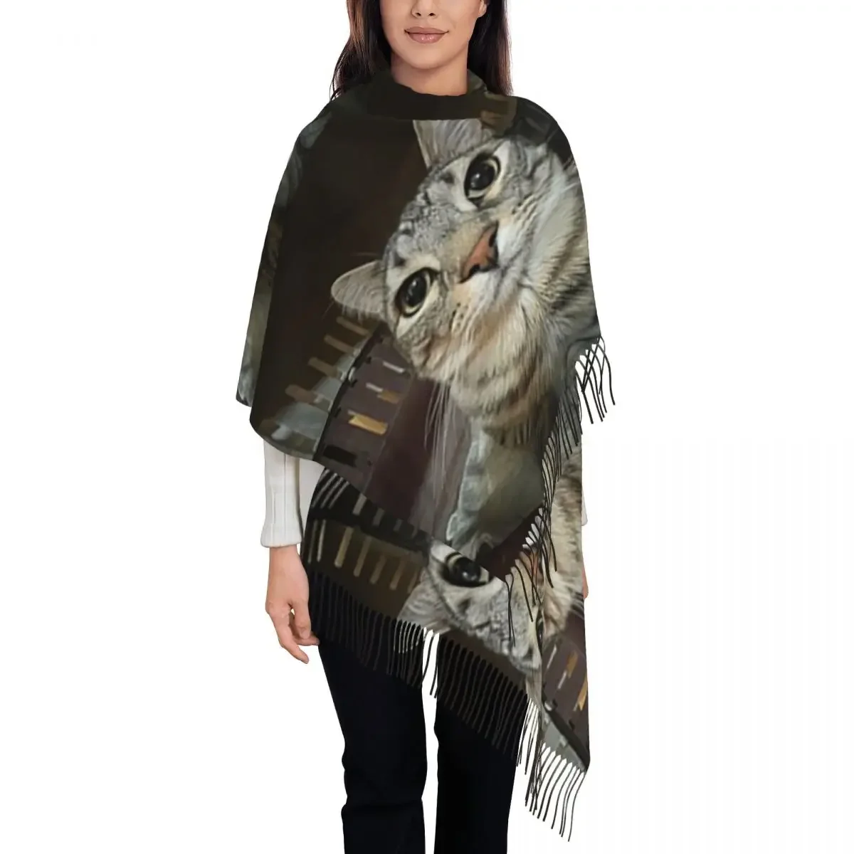 القط يبحث مباشرة إليك وشاح شرابة الأوشحة النساء شالات دافئة ناعمة ويلتف كبير الخريف الشتاء شال التفاف #1