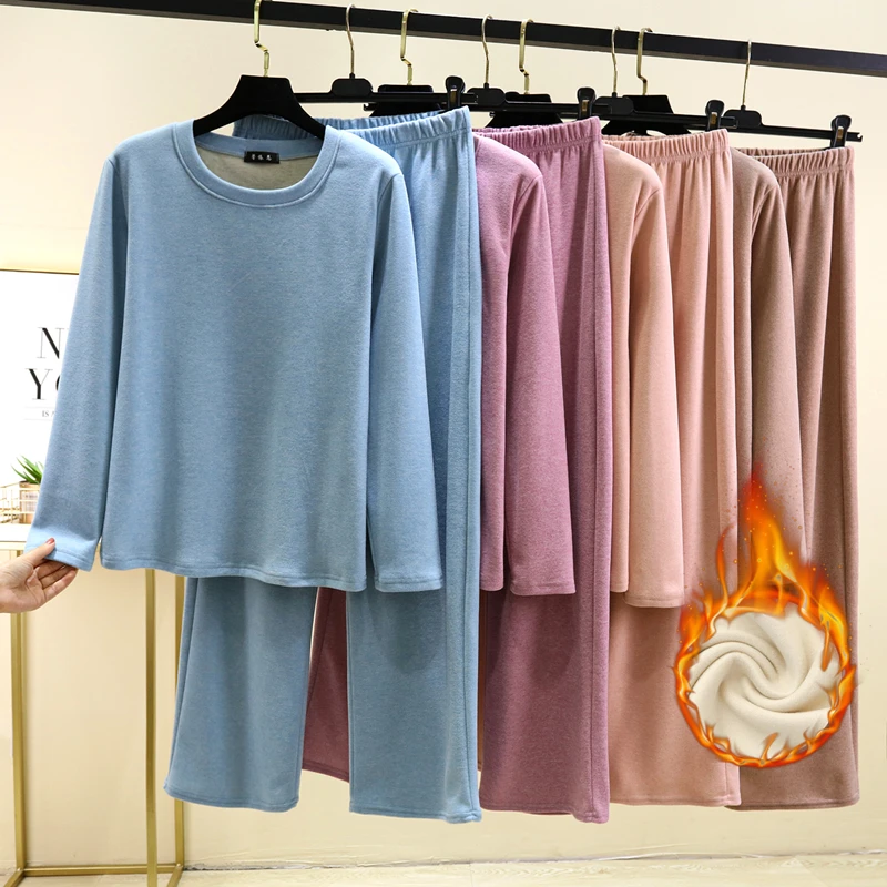 Warm Thermal Long Sleeve Long Pants Sleepwear Set Women's Loose Casual Home Clothes Two-Piece Set Fleece Lined round Neck