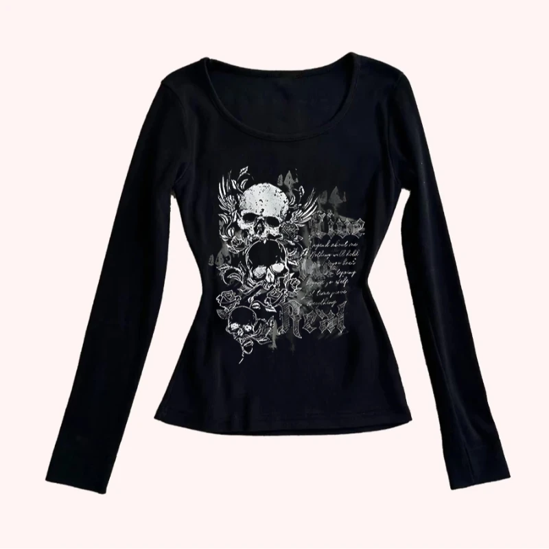 

Women's Gothic Punk Skull Print T-Shirt-Slim Fit Black Top with Wing&Rose Pattern Dark Edgy Alternative Casual for Spring Summer