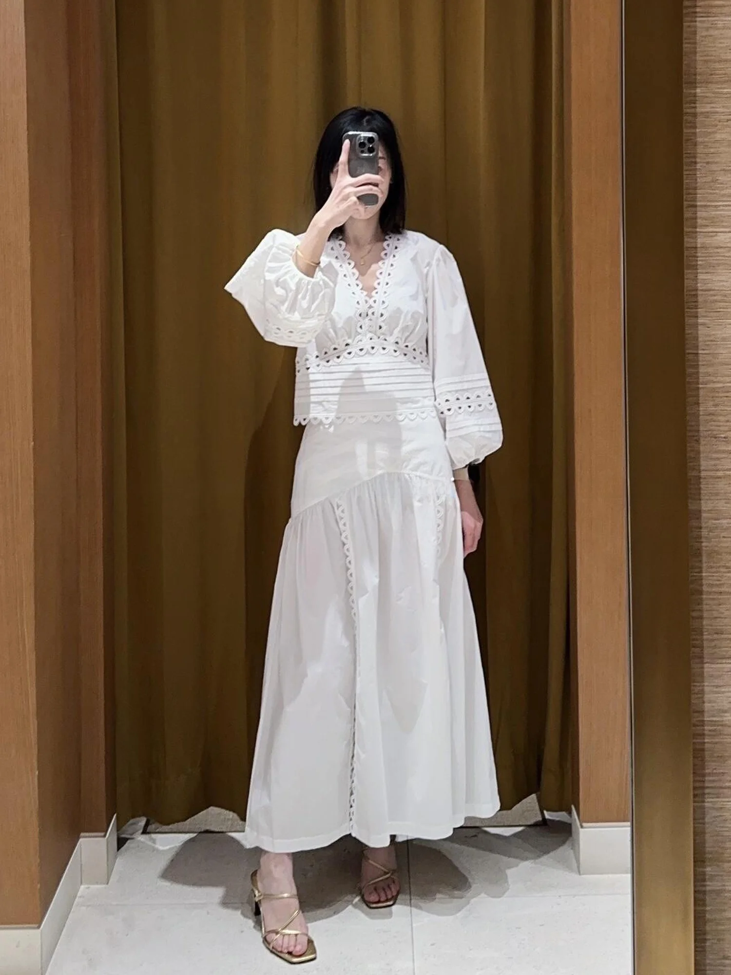 

Элегантный летний комплект: новая модель с V-образным вырезом, ажурными рукавами-фонариками и длинной юбкой, модный женский ансамбль из полиэстера с длинными рукавами