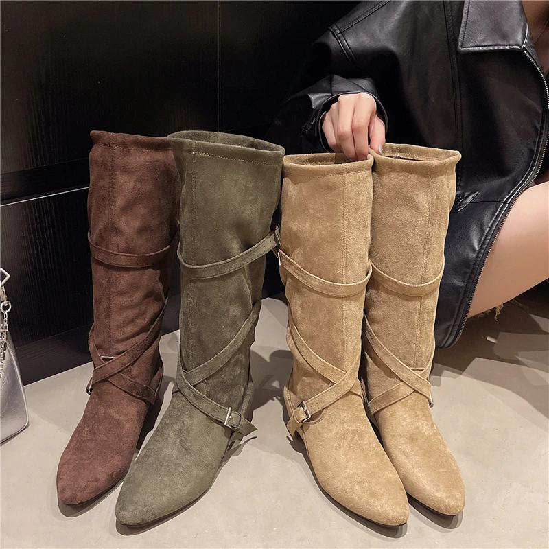 Tall Boots with Inner Heightening for Autumn and Winter New Pointed Suede Buckle Soft-soled Non-slip Boots