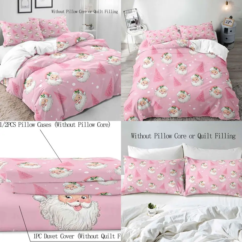 

King Size Pink Christmas Tree Santa Duvet Cover Set with Snowflakes for Kids & Teens, Perfect Holiday Xmas Gift