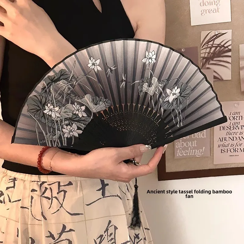 Chinese Unique Craft Fan Portable Handmade Popular Folding Fan Chinese Feng Shui Ink Qipao Dance Fan Ancient Bamboo Fan