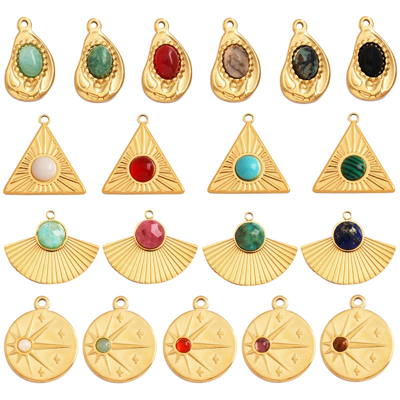 

316 Stainless Steel Vaccum Plating Sun Fan Triangle Gem Stone Geometry Charm Pendant,DIY Bracelet Necklace Components Supply L72