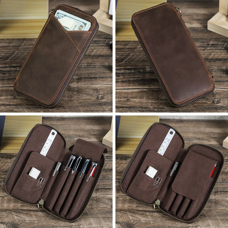 Vintage Crazy Horse Leather Pen Case 4 Slots Handmade Zipper Pencil Box Use Home Office School Student Stationery Storage Bag