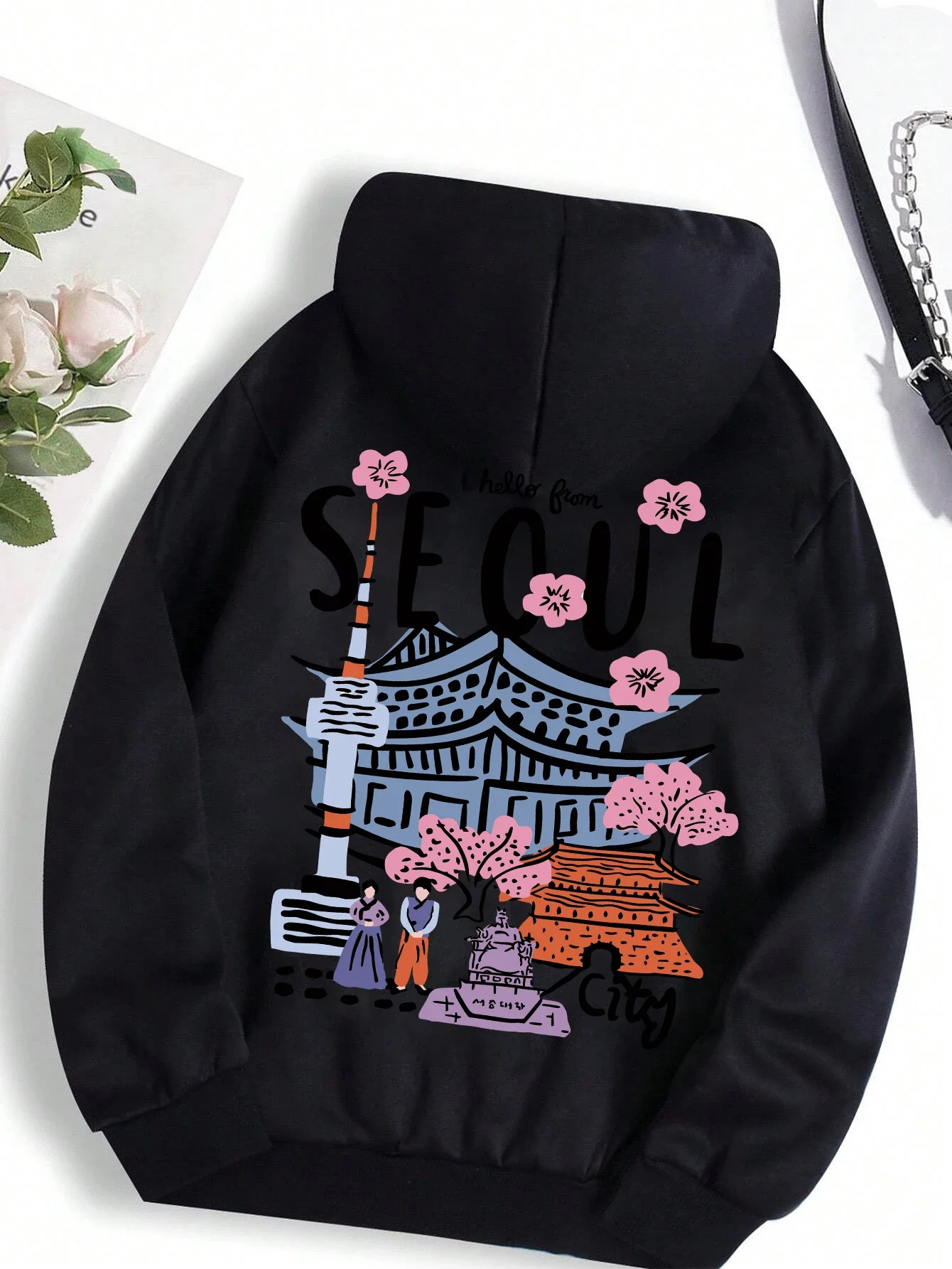 Seoul Beautiful Scenery Printing Womens Hooded Warm Fleece Comfortable Hoodies Simple Soft Hoodie Street Casual Loose Pullover