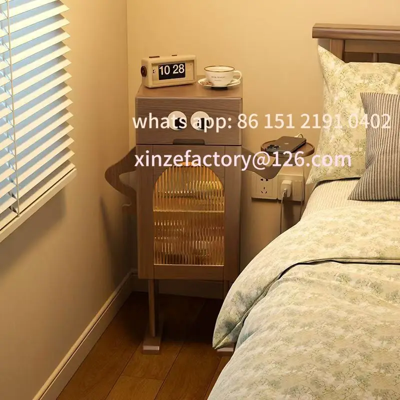 

Customizable Solid Wood Bedside Table Storage Bedroom Storage Cabinet Living Room Creative Chest of Drawers Robot Side Lighted