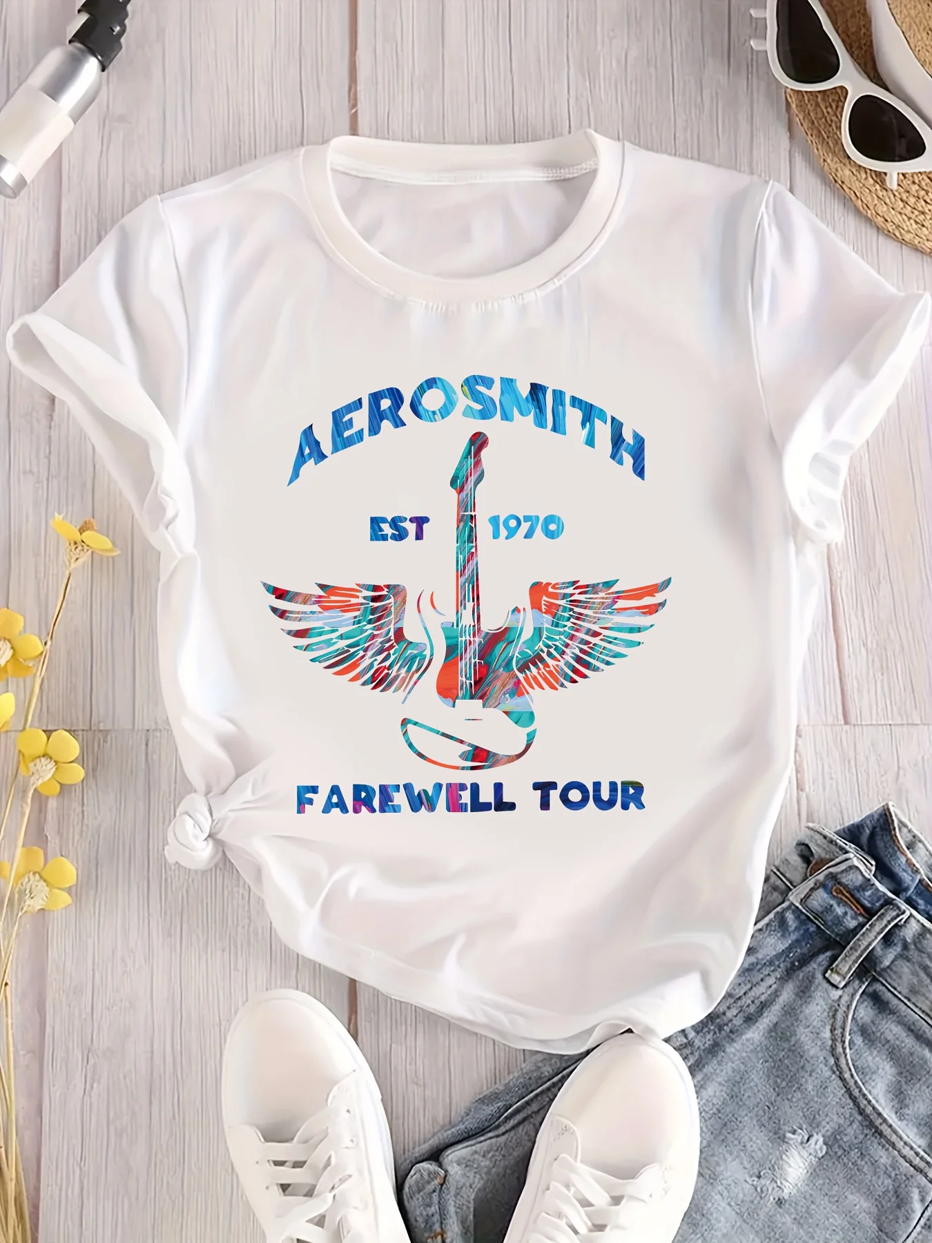 Plus Size AEROSMITH & Guitar Print T-shirt, Casual Short Sleeve Crew Neck Top For Spring & Summer, Women's Plus Size Clothing