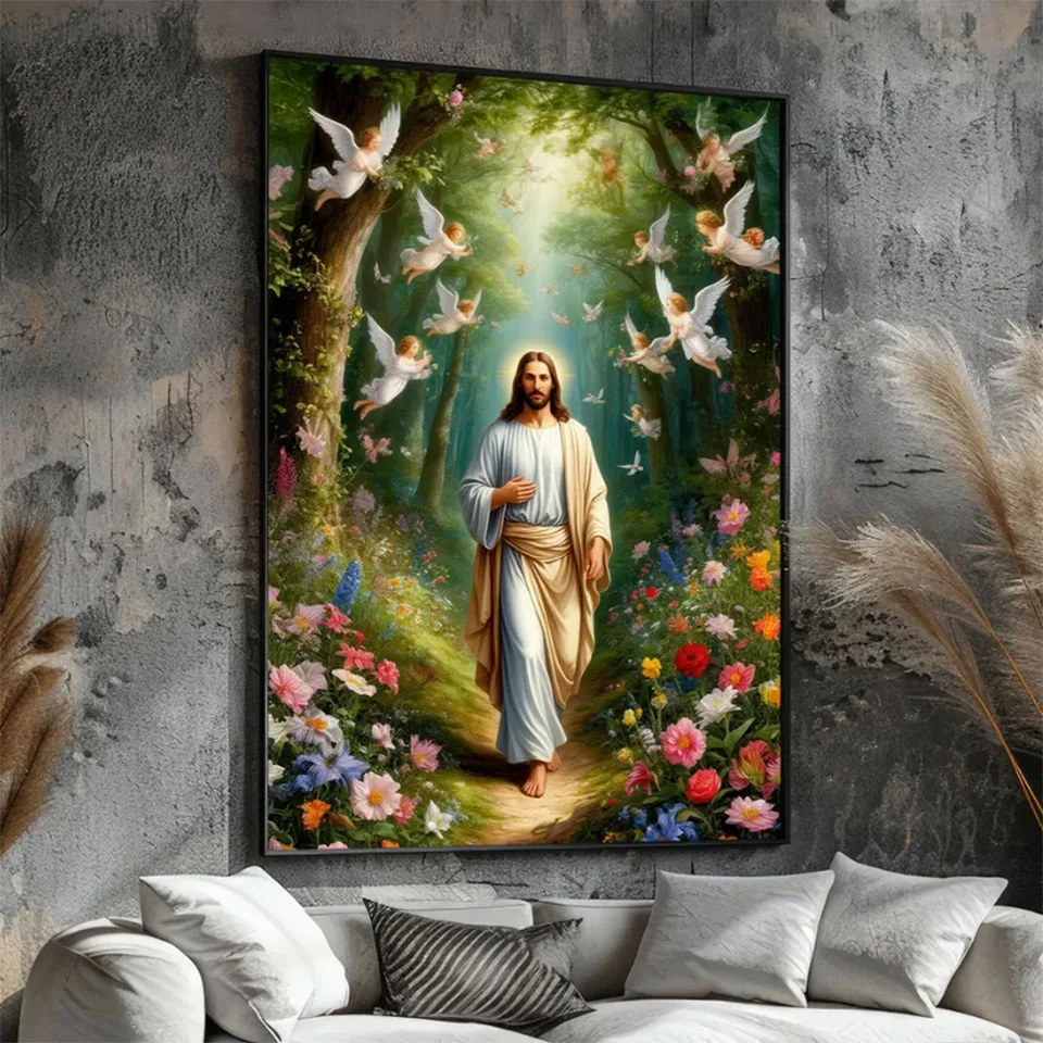 

New 2025 DIY Diamond Painting Jesus Walking in Heaven Forest – Angel Surrounding Religious Embroidery Mosaic Cross Stitch Kits ﻿
