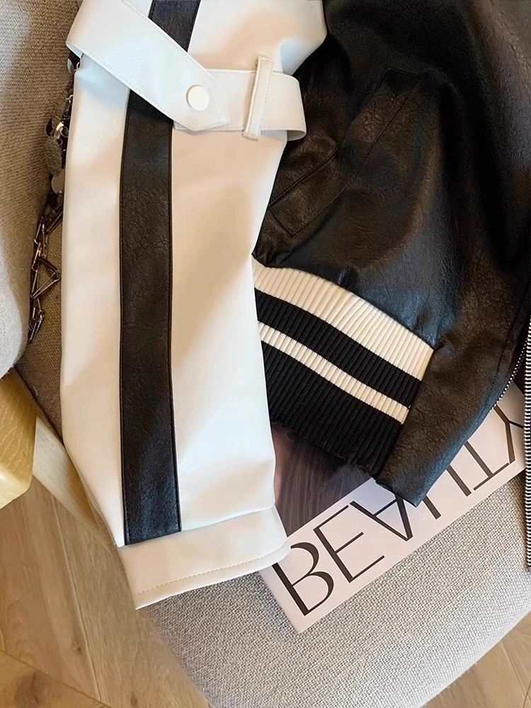 High-End Patchwork Color Blo Biker Jaet PU Colletto alla coreana da uomo Primavera Autunno Street Sle Capispalla versatile