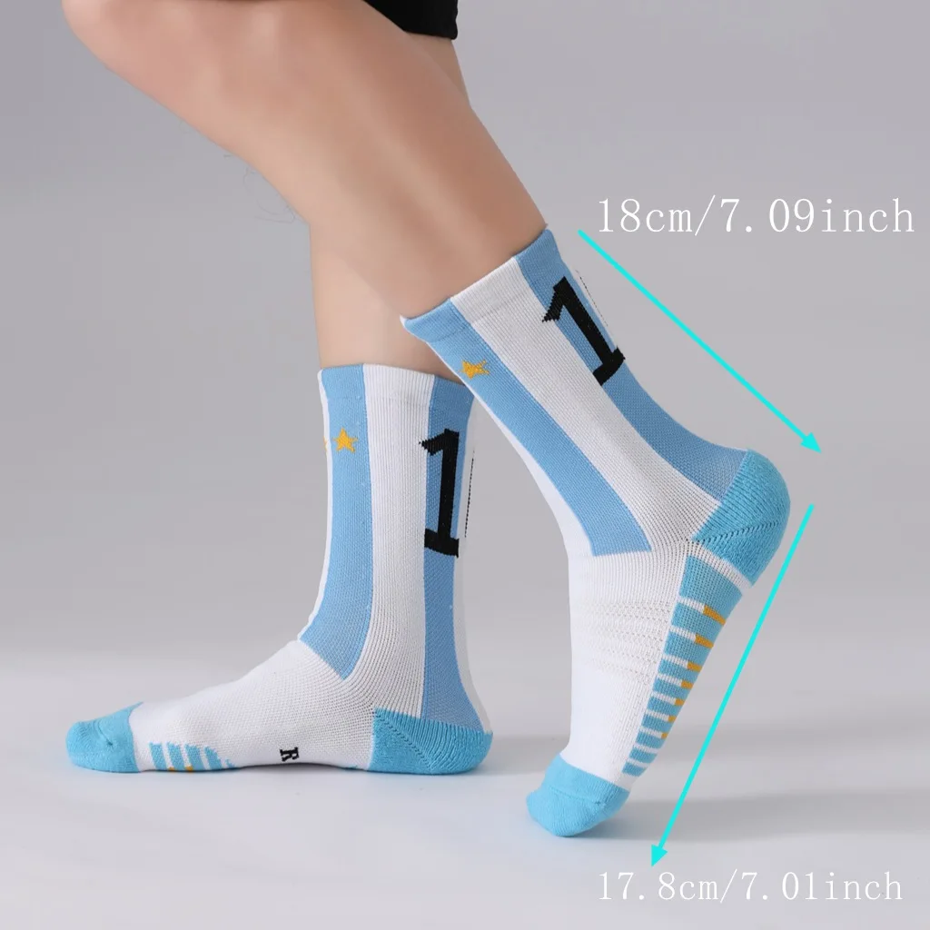 1 Pair of No. 10 Star Number Football Socks, Blue and White Color-Blocking Professional Sports Mid-Calf Socks, Non-Slip and Breathable, Unisex Non-Slip Shock-Absorbing Training Socks view 6