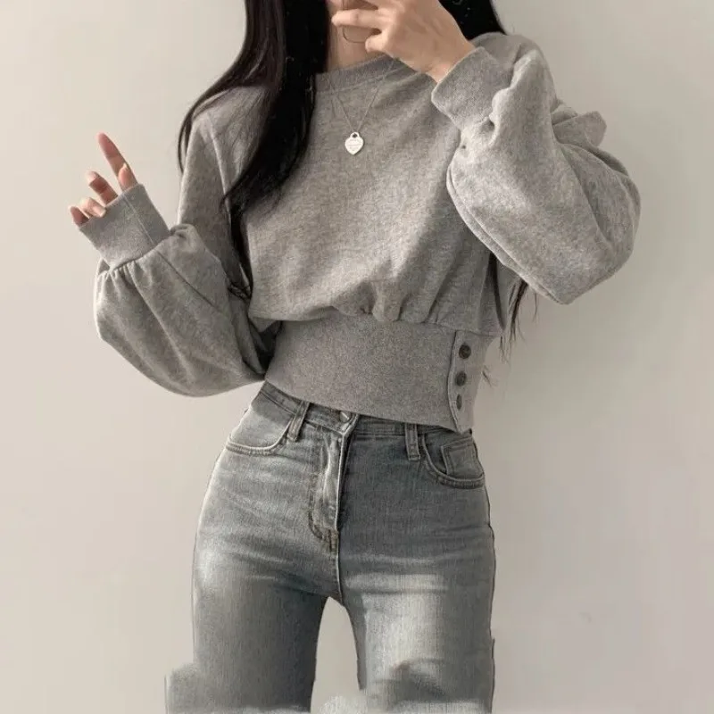 Women\'s 2023 Spring and Autumn New Korean Casual Solid Color Long Sleeved Button Loose Round Neck Belted Pullover Short Hoodies