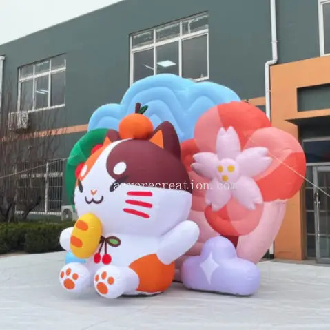Custom Cute Cartoon Cat Inflatable Wall with Flowers Children's Birthday Backdrop for Party Events