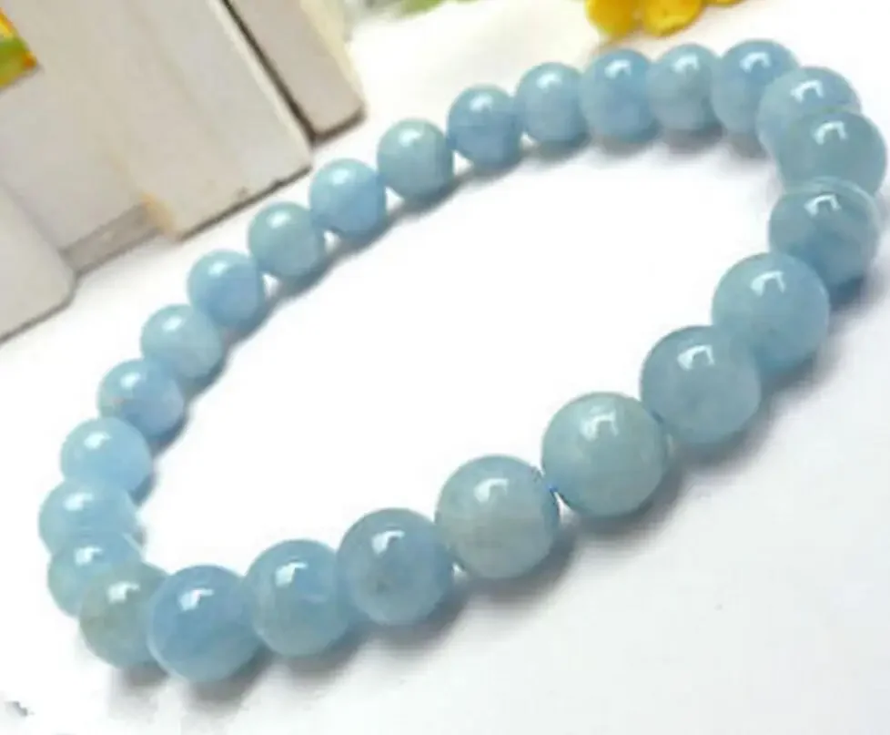 

Fine jewelry New 8mm Light Blue Aquamarine Gemstone Round Beads elastic Bracelet 7.5" AAA