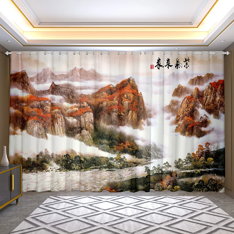 2Panel Chinese Curtains Rustic Group Horse Landscape Painting Printed Curtains for Bedroom Living Room Floor Window Blinds Drape