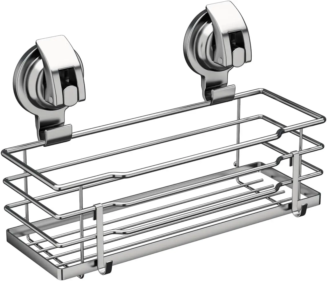 

Stainless Steel Shower Caddy with Suction Cups, Soap Dish and Hooks for Bathroom Organization