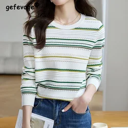 Korean Crew Neck Dopamine Wearing Striped Contrast Knit Tops for Women Autumn New Hollow Out Thread Long Sleeved Loose Sweater