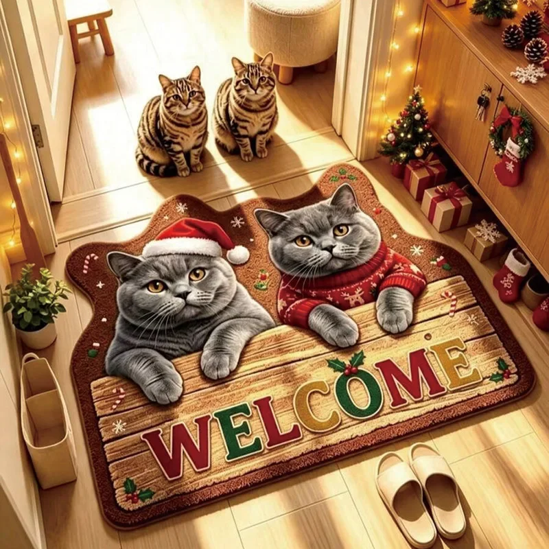 VIKAMA Gray Kitties Santa Hat Red Reindeer Sweater WELCOME Door Mat, Non Slip Absorbent Plush Mat Front Door, Xmas Decor