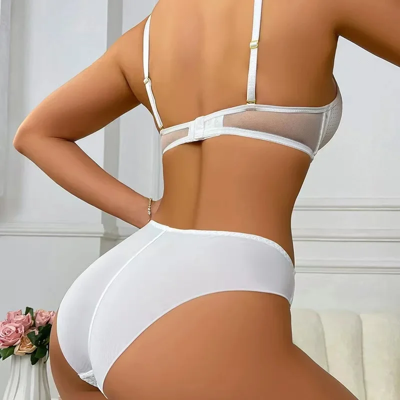 Women's Sexy Deep V Lace Push Up Lingerie Set with Soft Underwire Anti-Sagging Small Breast Gathering Adjustable Bra Set